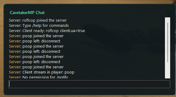 CaretakerMP chat overlay with join and stream-in messages