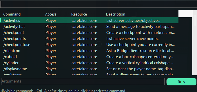 CaretakerMP command browser with player commands
